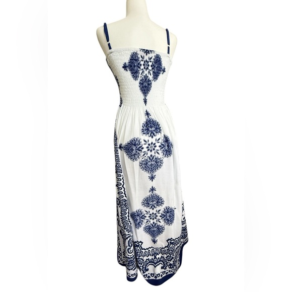 Pink Apple Blue & White Smocked Maxi Dress Boho Strapless Sundress (Fits Small) - Picture 4 of 9